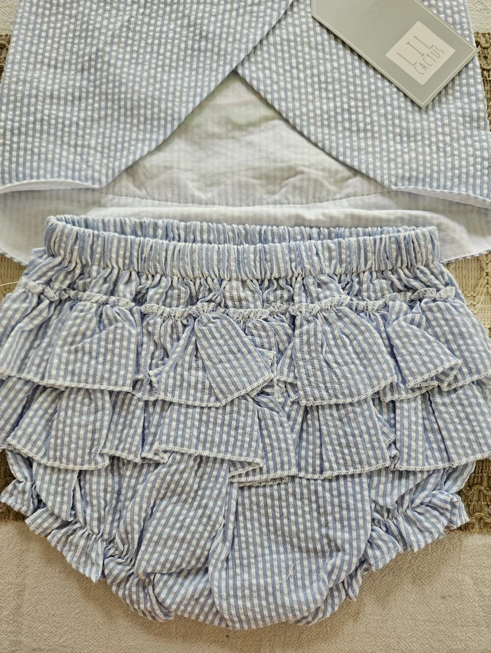 Lil Cactus Blue & White Seersucker Turtle Appliqué 2-Piece Set | Size 6-12M